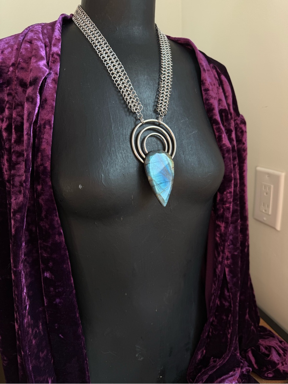 Labradorite Teardrop Pendant Necklace chainmaille chain necklace witchy goth